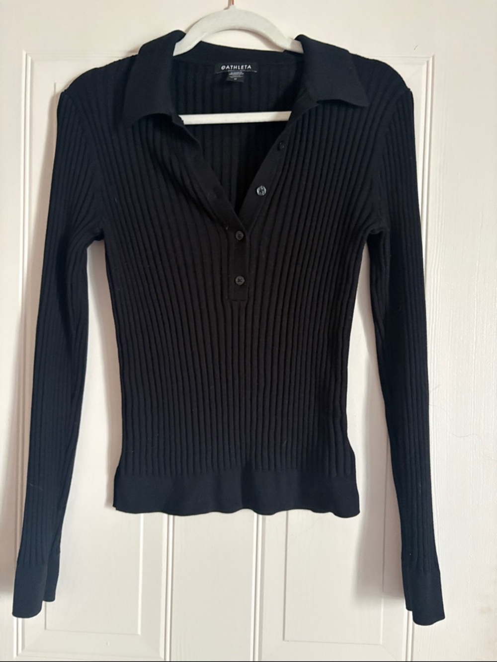 Athleta Black Ribbed Long Sleeve Polo Sweater, M